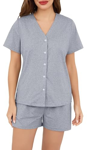 Wikoan Set Pigiama da Donna Pigiama Estivo con Scollo a V e Bottoni Top Cardigan e Pantaloncini,Grigio,XL