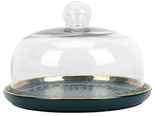 ULTECHNOVO Plateau de Desserts 23 Cm avec Couvercle en Verre Transparent, Bordure Verte Dorée, Assiette de Pâtisseries Multifonction en Céramique et Verre, pour Fruits et Présentation