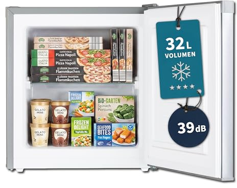 Stolthoff® Mini Gefrierschrank 32 L, Glasablage, 4-Sterne-Gefrierbox bis -18 °C, kompakter Tiefkühlschrank, leise 39 dB, manuelle Temperaturregelung, freistehend, Silber