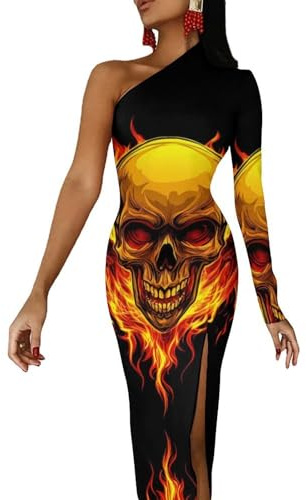Vestido largo de media manga con abertura y hombros descubiertos para mujer, vestido de cóctel con abertura y diseño de calavera ardiente, Estilo:, S