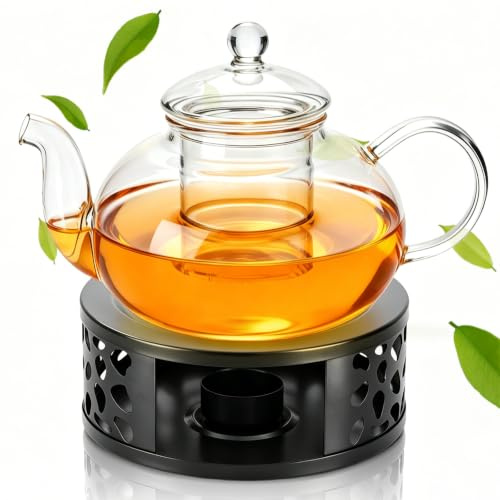 Tetera de cristal de 1000 ml con calentador negro de acero inoxidable, tetera de cristal con colador de cristal y tapa, ideal para preparar té suelto, adecuada para el hogar y la oficina