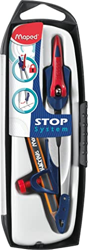 Maped - Coffret Compas Stop System - Système de Verrouillage Breveté - Tracé Parfait - Avec Sécurité Protège Pointe - Compas Bague Universelle + Crayon à Papier - Dès 10 Ans