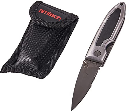 Amtech – 3 Lock Knife, Stainless Steel Part-Serrated Blade, Aluminium Body with Rubber Grip, Belt Clip & Pouch, Everyday Cutting Tasks, 3