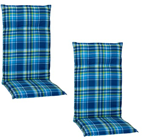 Beo Gartenstuhlauflagen Hochlehner UV-beständig Barcelona | Made in EU nach Öko-Tex Standard | Hochlehner Auflagen 2er Set waschbar | Atmungsaktive Stuhlauflagen Hochlehner in Blau-Grün Kariert