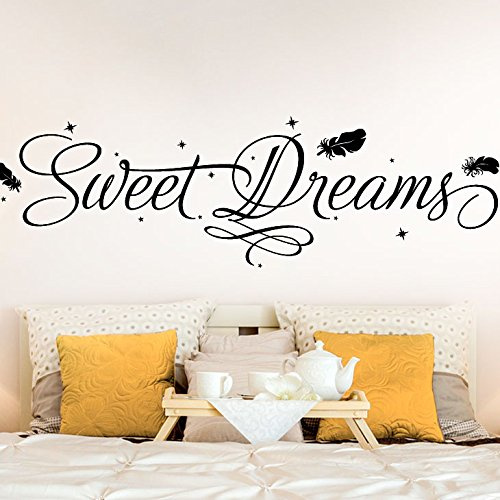 Wandaro Wandtattoo Sweet Dreams mit Sternen & Federn I schwarz (BxH) 180 x 50 cm I Schlafzimmer Kinderzimmer Wandaufkleber Wandsticker Aufkleber Sticker E011