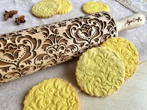Nudelholz DAMASK für hausgemachtes Gebäck. Teigrolle mit Oriental Blume für DIY Küche, Teig & Fondant Plätzchen. Gravierte Nudelholz mit Muster von Algis Crafts