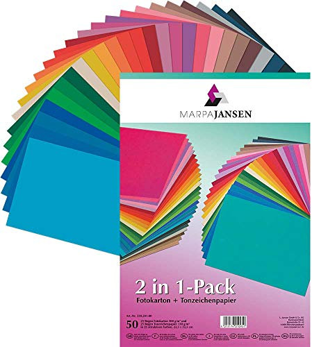 MarpaJansen 2in1, 25 Farben, 22,5 x 32,5 cm, 50 Blatt, je 25 Blatt Fotokarton 300 g/qm & 25 Blatt Tonzeichenpapier 130 g/qm