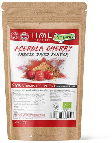 Organic Acerola Cherry - Freeze Dried Powder - Natural & Wholefood - 26% Vitamin C - 44:1 Extract Ratio (125g Powder Pouch)