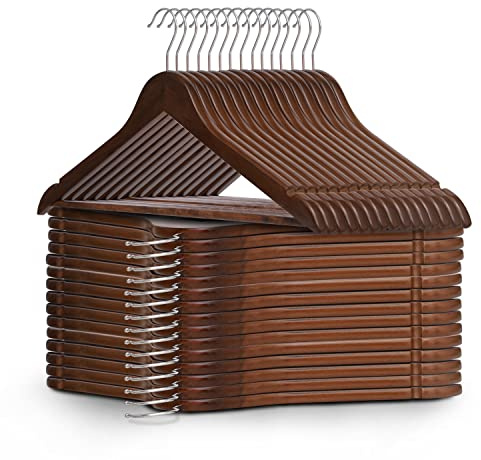 KEPLIN Starker Kleiderbügel aus Naturholz mit 360 Grad drehbarem Haken & runder Hosenstange & Schulterkerben - Langlebiger Garderobenplatzsparer - Geeignet für Mantel, Jacke, Anzug (30 Pack)