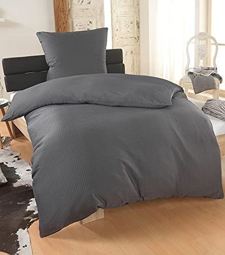 Malika® Ropa de cama Seersucker de 155 x 220 cm con funda de almohada de 80 x 80 cm, certificado Öko-Tex Standard 100, ropa de cama de verano (antracita, 155 x 220 + 80 x 80 cm)