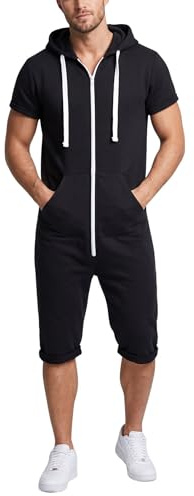 NOROZE Men's Casual Plain Full-Zip Hoodie One-Piece Jumpsuit Romper Cap-sleeve Overalls Fitness Sportswear Playsuit S-2XL