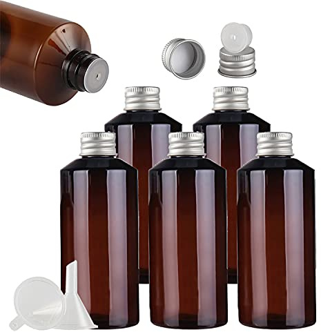 TIANZD 6 Piezas 200ml Botellas Vacías de Aceite Esencial de Plastico Marrón con Tapones de Rosca de Aluminio Plata, Frascos con Reductor de Orificio para Cosmético, Aromaterapia, Viajes + Embudo