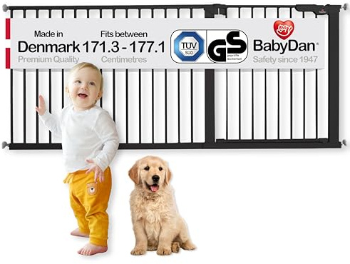 BabyDan Premier, extra bred tryckpassad trappgrind, 171–177 cm, babygrind/säkerhetsgrind, metall, svart, tillverkad i Danmark – (husdjursgrind/hundgrind)