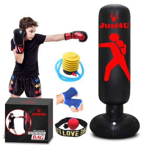 Aufblasbarer Boxsack – Freistehender Mit Reflexball, Boxhandbandagen & Kostenloser Luftpumpe – Sofortige Bounce Back für Indoor & Outdoor Kampfsport Praxis, Karate, Schwarz