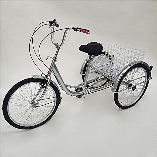 Erwachsenendreirad-24-Zoll Ballett-Kohlenstoffstahl Dreirad 6 Gänge Erwachsene Senioren, Tragfähigkeit 110KG mit Licht und Shopping Korb für Erwachsene (Silber)