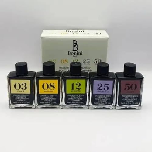 Bonini Collezione Condimenti Invecchiati – Set 5 Bottiglie da 17ml – Invecchiati 3, 8, 12, 25 e 50 Anni – Aceto Gourmet in Confezione Regalo Elegante – Prodotto Italiano di Alta Qualità