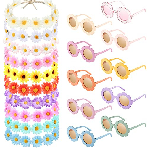Groovy Retro Flower Sunglasses Headbands Party Favors Daisy Flower Costume Accessories Set 60s 70s Party Gifts for Kids (12 Pcs)