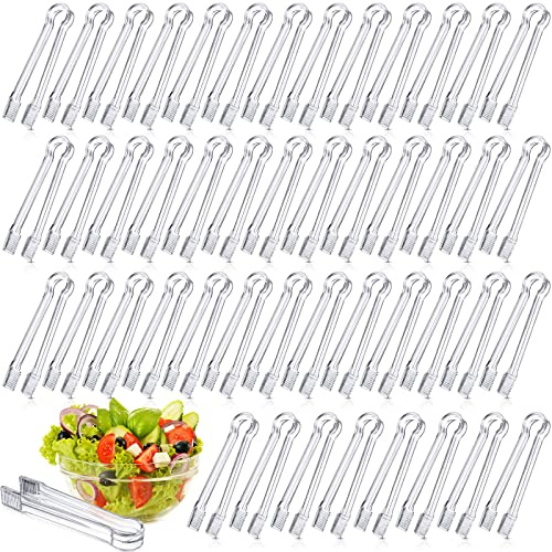 Nuogo 48 Pcs Plastic Buffet Serving Tongs 6.3 Inch One-off Clear Kitchen Tongs Mini Serving Utensils for Food Ice Salad Buffet Barbecue Cookies Tea Coffee Appetizers Party Supplies