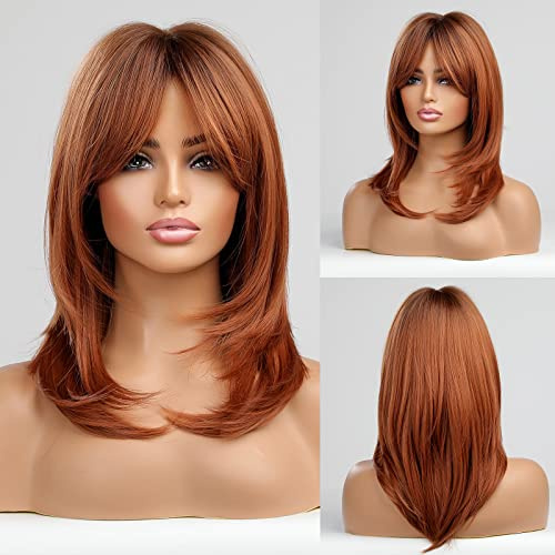 EMMOR Auburn Perücken für Frauen,Langgeschichtige Orange Perücken mit Bangs Hitzebeständige Kunstfaserperücken, Natur aussehende tägliche Perücken
