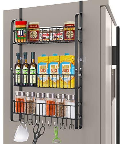 Yiomxhi Kühlschrank Regal, Gewürzregal für Kühlschrank Hängeregal mit 8 Haken, 3 Etagen Küchenregal Hängend Küchen Organizer Aufbewahrung ohne Bohren, Schwarz