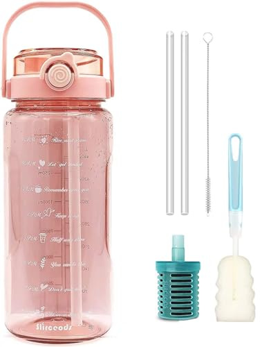 HOSECES Filter Water Bottle 1.5L / 49oz,Pink Fitness Hydration Bottles with Straw & Time Marker &1 Filter(Ramdon Color), Leak Proof Sports Water jug with Handle -BPA Free-For Yoga, Gym, Office (Pink)