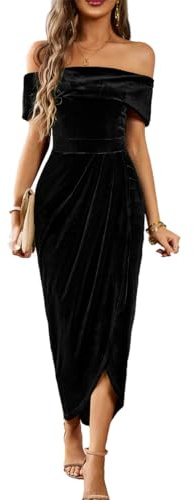 Kuukaas Ruched Bodycon Maxi Dress Velvet Wrap Dress Sleeveless for Cocktail Party Black Dresses for Women UK Elegant Formal Dresses Off Shoulder for Special Occasions XL