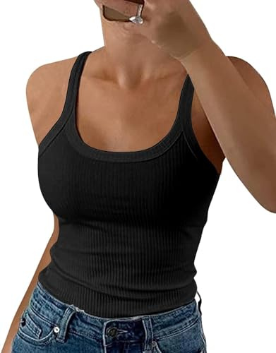 ELFIN Haut d'été Sexy pour Femme Spaghetti Débardeur côtelé Coupe ajustée sans Manches Basique