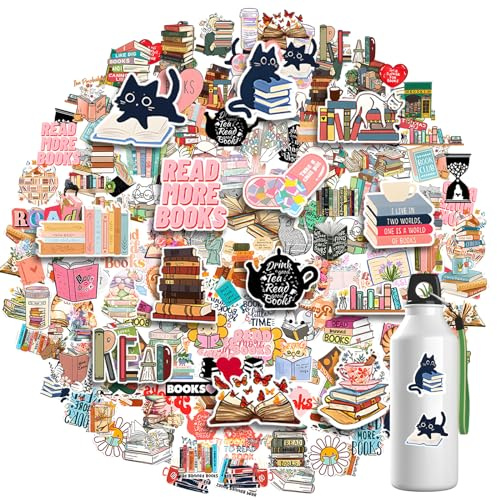 Amabro 100 Stück Buchaufkleber Leseaufkleber, Bookish Katze Bücherwurm Wasserflaschen Aufkleber niedliche wasserfeste Vinyl Aufkleber Kawaii Kätzchen für Laptops Buchliebhaber Scrapbook Zubehör