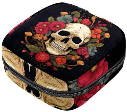 Periodenbeutel, Aufbewahrungstasche für Damenbinden, Blumenmuster, Totenkopf, Tampon-Tasche für Geldbörse