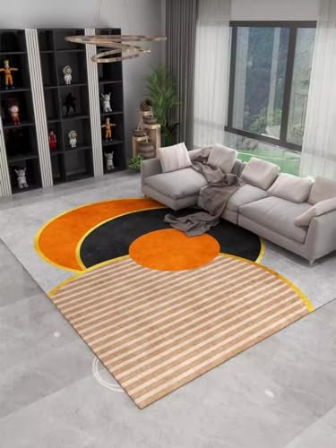 Teppich deko für küche,Rutschfester waschbarer Teppich mit grau-orange-rotem Streifendesign,bettumrandung antirutsch 140x200cm