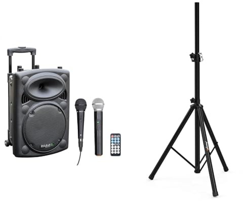 Ibiza - PORT10VHF-BT - Altavoz portátil 10/500W MAX con 2 micrófonos (con Cable y VHF) & Audibax Neo 131 - Soporte Profesional para Altavoces - Trípode para Altavoces - Trípode Extensible