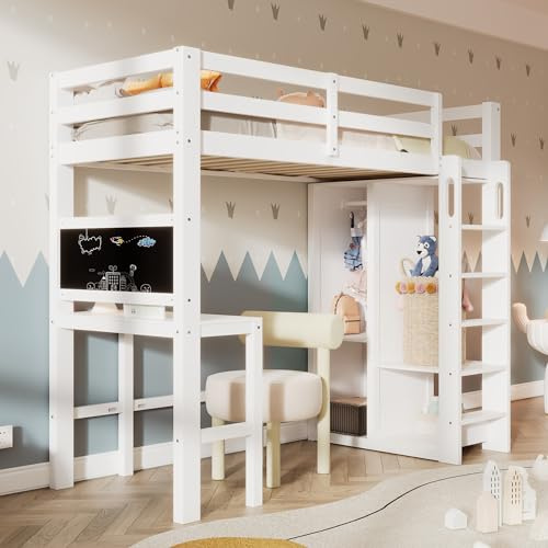 MQLAE Hochbett mit Schreibtisch Offener Kleiderschrank und Regalen Kinderbett mit Rausfallschutz und Lattenrost Kinderhochbett Jugendbett Einzelbett Liegefläche 90x200 cm -Weiß