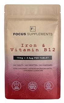 FS Eisen mit B12 | Eisen Hochdosiert mit Vitamin B12 | 240 Tabletten – 14mg Iron Supplement & 2,5µg-B12 pro Portion | Eisenbisglycinat | Gentechnik-, gluten, allergenfrei | Hergestellt in GB