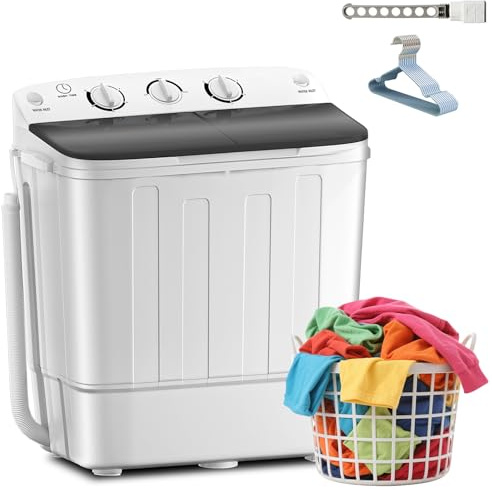 Erivess Portable Twin Tub 18.8lbs Washing Machine with Drying Rack and 10 Hangers, 11.8lbs Washer Mini Compact Laundry Machine with 7lbs Spinner, 1500rpm Semi-automatic Washer Combo for Dorm&Apartment