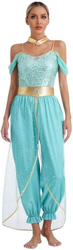 Yruioon Damen Bauchtanz Kostüm Arabische Prinzessin Kostüm Glänzend Body Overall Jumpsuit Orientalische Indische Verkleidung Tanzkleidung A Türkis XXL