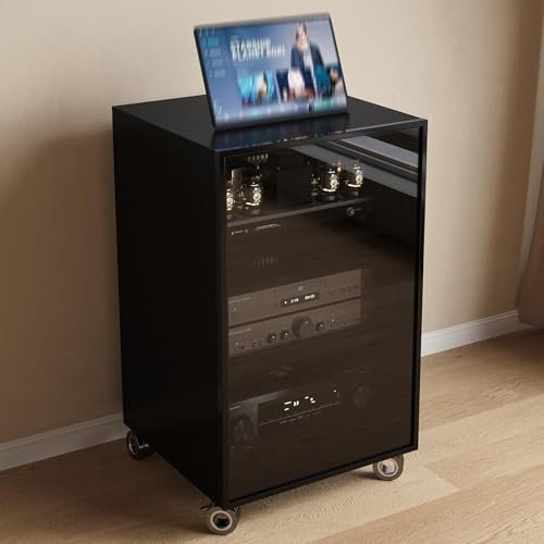 LYXWGRZD Audio Rack HiFi Regal, höhenverstellbarer HiFi Rack, Phonoschrank mit gehärtetem Glas, Record Player Stand, Kühllochdesign(Nero,80cm/31.4in)