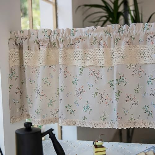 FaceYee Kurzer Vorhang aus Baumwolle und Leinen, für Balkon, Wohnzimmer, Schlafzimmer, Querbehang, Spitzenteilung, halbe Vorhänge, Stangentasche, 1 Paneel (B 140 x H 100 cm), Farbe: kleine Blumen