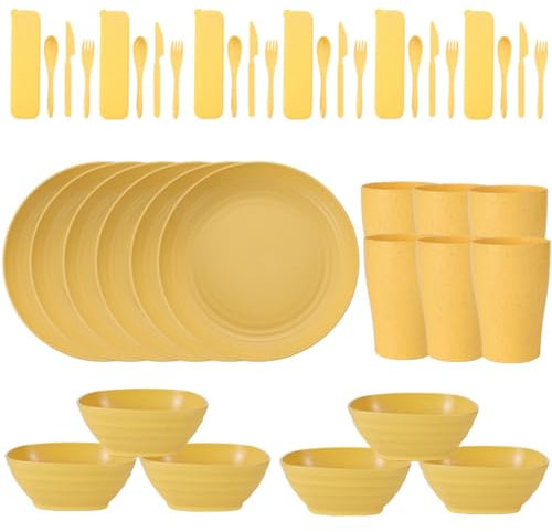 42 Piece Unbreakable Plates and Bowls Set, Kitchen Plastic Dish Dinnerware Set, Service for 6,Dinner Plate/Cereal Bowl/Cup/Flatware, Outdoor Camping