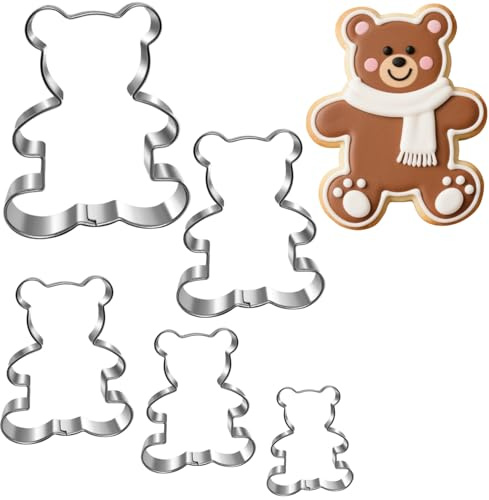 UKoosien Bear Cookie Cutter Set - 5 Pieces - 10.8 cm, 9.8 cm, 8.9 cm, 8.0 cm, 4.6 cm - Dishwasher Safe - Bear Shaped Cookie Cutters for Baking, Fondant, Biscuits & Decorations