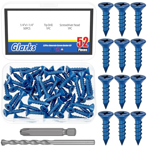 Glarks 52pcs 1/4 x 1-1/4 '' Kreuz Flachkopf Beton Schraube Anker Kit, blaue Schwerlast Zement Schrauben mit Bohrboch und PH2 Bit für die Verankerung an Mauerwerk, Block, Ziegel, Zement