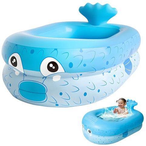 Piscina Hinchable, Piscina Bebe, Piscina Infantil, Piscinas Pequeñas, Flotadores Piscinas Hinchables Pez Globo con Fondo de Burbuja Hinchable de Seguridad para Jardín,Terraza,Playa,Interiore (Azul)