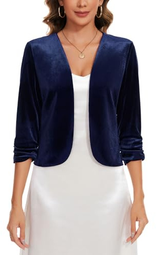 Womens Velvet Shrugs Cardigans 3/4 Ruched Sleeve Cardigan Open Front Bolero | Velvet Cardigan Blazers 3/4 Sleeve Womens UK Smart Cover Up Jackets Cardigans Sweater Open Front Blazers Outerwear Jacket Top