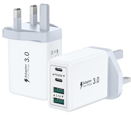 USB C Plug UK, 2Pack 40W 4-Port Fast Charger Plug Dual PD Power Adapter+QC Double Wall Plug Multi Type C Charging Plug for iPhone 17 16 15 14 13 12 11 Pro Max Plus, Samsung USBC Plug Fast Chare Head
