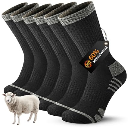 YESWEL 3 Paar Merino Thermosocken Herren Damen, 60% Merinowolle Wandersocken, Outdoor sportsocken, Wintersocken Gepolstert für Trekking Sport Schwarz L