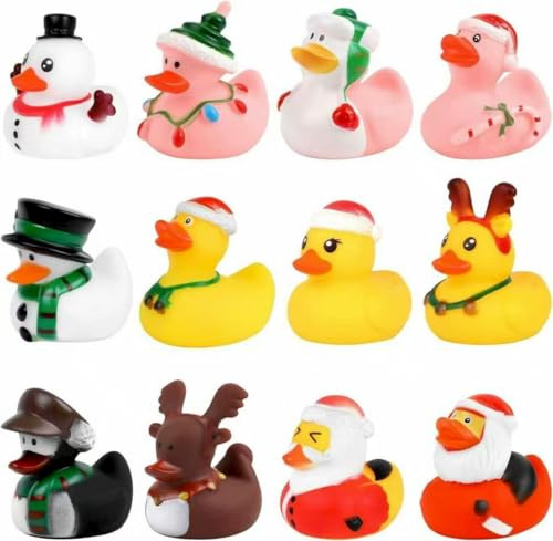 DERAYEE 12PCS Canard de Noël,Mignons Canards en Caoutchouc,Jouet de Bain Enfant pour Cadeaux de Fête de Noël