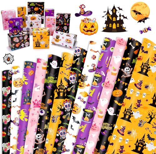 HOWAF 12 Halloween Geschenkpapier, Spinne, Fledermaus, Kürbis Geschenkpapier für Dia De Los Muertos, Halloween Geschenke Verpackung Dekoration, Mehrfarbig