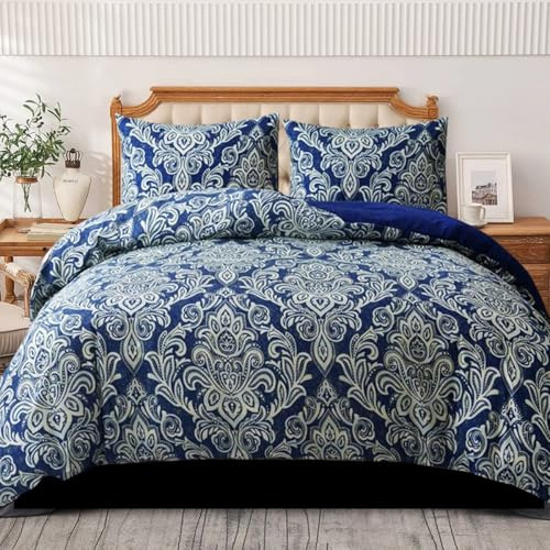 B&B Duvet Cover Set King Size, 100% Rich Cotton Comforter Cover Bedding Sets - Soft, Thick Anti-Allergy Printed Quilt Covers with 2 Pillow Shams (Damask Blue)