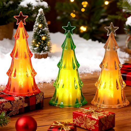 Walenbily Mini Weihnachtsbaum LED,3 Set Weihnachtsbaum Klein Beleuchtet in Weiß,Rot und Grün, Acryl mit Warmlichtlampe,Perfekt für Festtagsatmosphäre