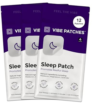 VIBE PATCHES Sleep Patch | Wearable Wellness with Melatonin Magnesium and L-Theanine | Long Lasting Patch for 8-10 Hours | Vegan & Latex Free | 4 Patches Per Pack, 3 Pack