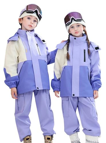 Generisch Tuta da sci per bambini, in pile, per snowboard, invernale, set da 3 pezzi, Lilla, 9-10 Anni